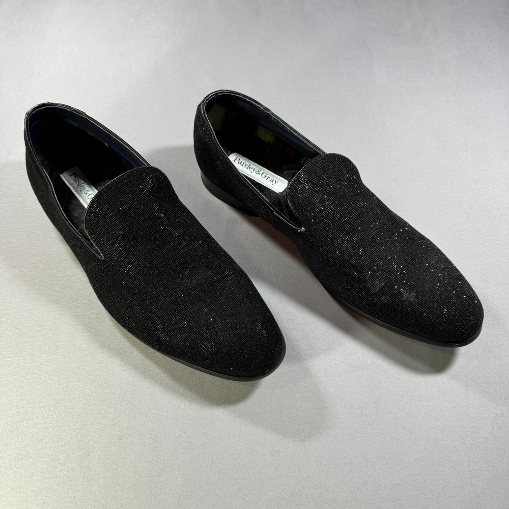 Paisley & Gray Mens 11.5 Black Glitter Tuxedo Loafers Formal Slip On Shoes 40H4C